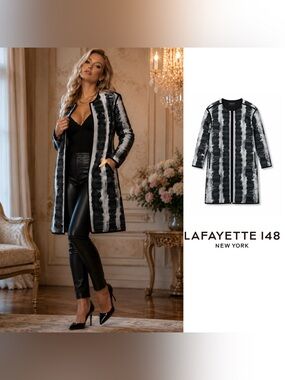 NEW Lafayette New York Black & White Striped Brushstroke Coat